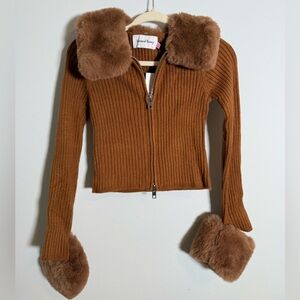 House of Sunny Faux Fur Trim Zip Cardigan Brown Ribbed Y2K Girl Cropped Sweater